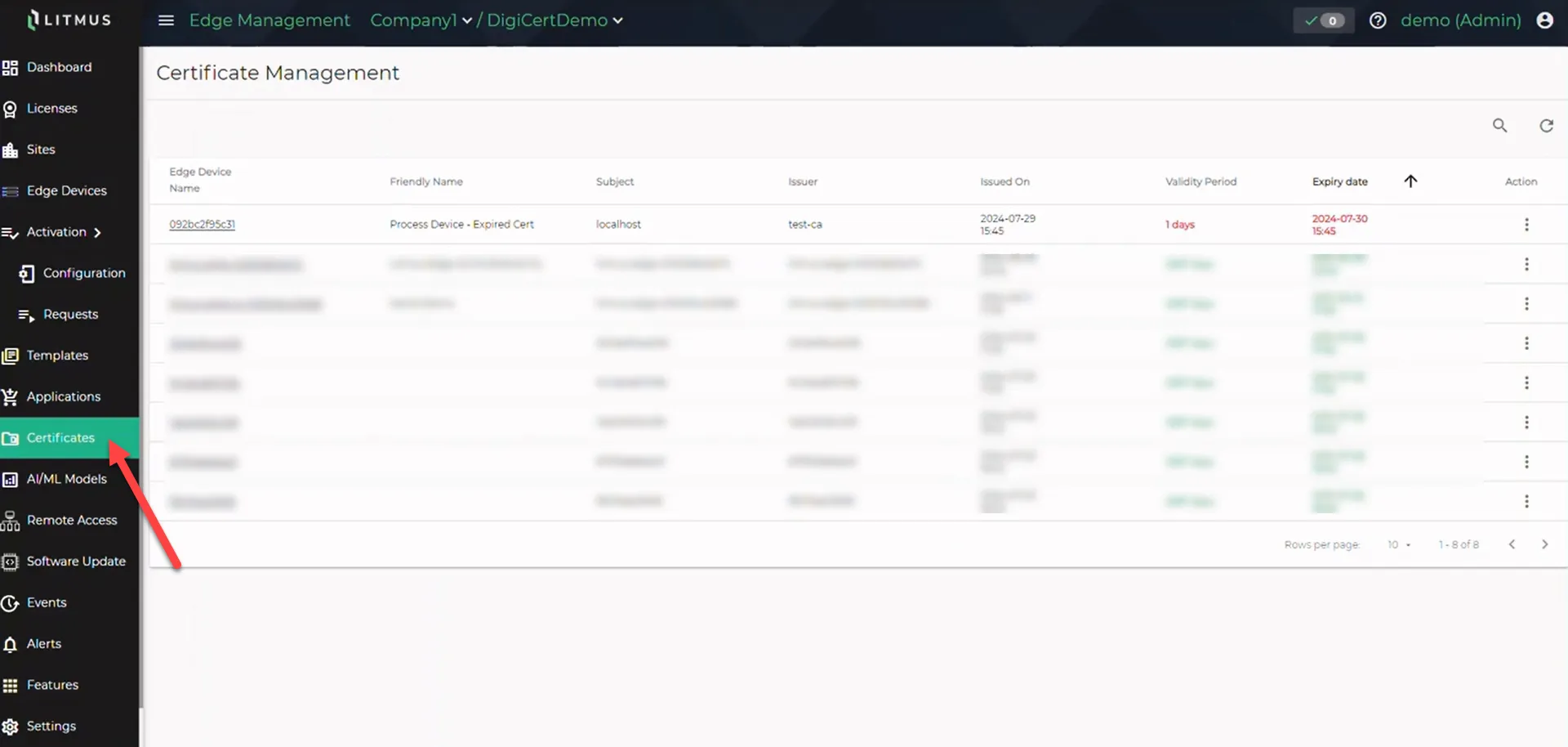 Certificates tab