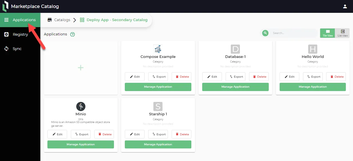 Applications pane in Secondary Catalog