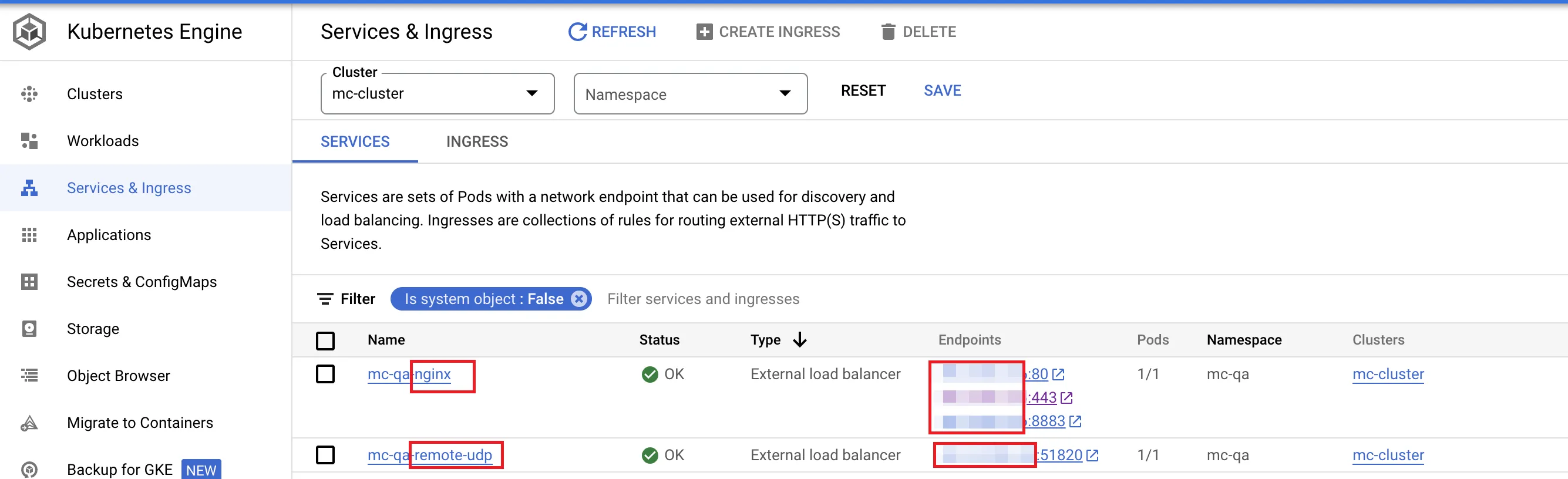 Retrieving <namespace>-nginx endpoints and <namespace>-remote-udp endpoints Retrieving <namespace>-nginx endpoints and <namespace>-remote-udp endpoints