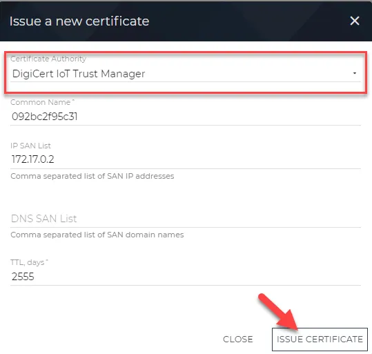 Issue a new certificate dialog box