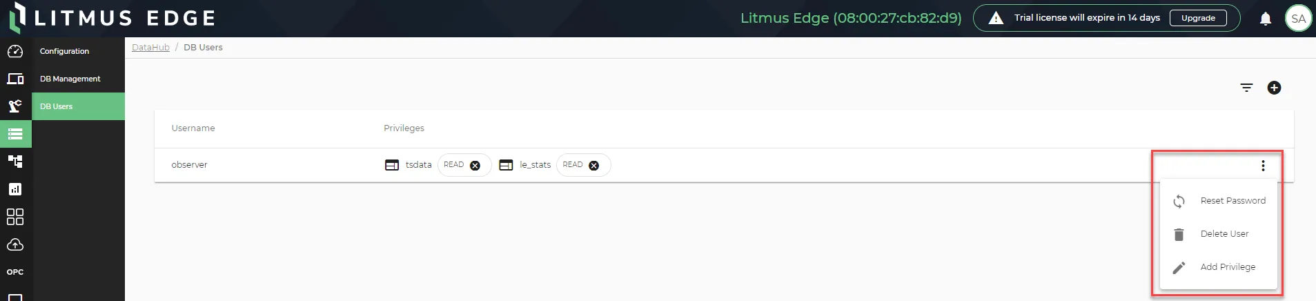 Action menu for DataHub users