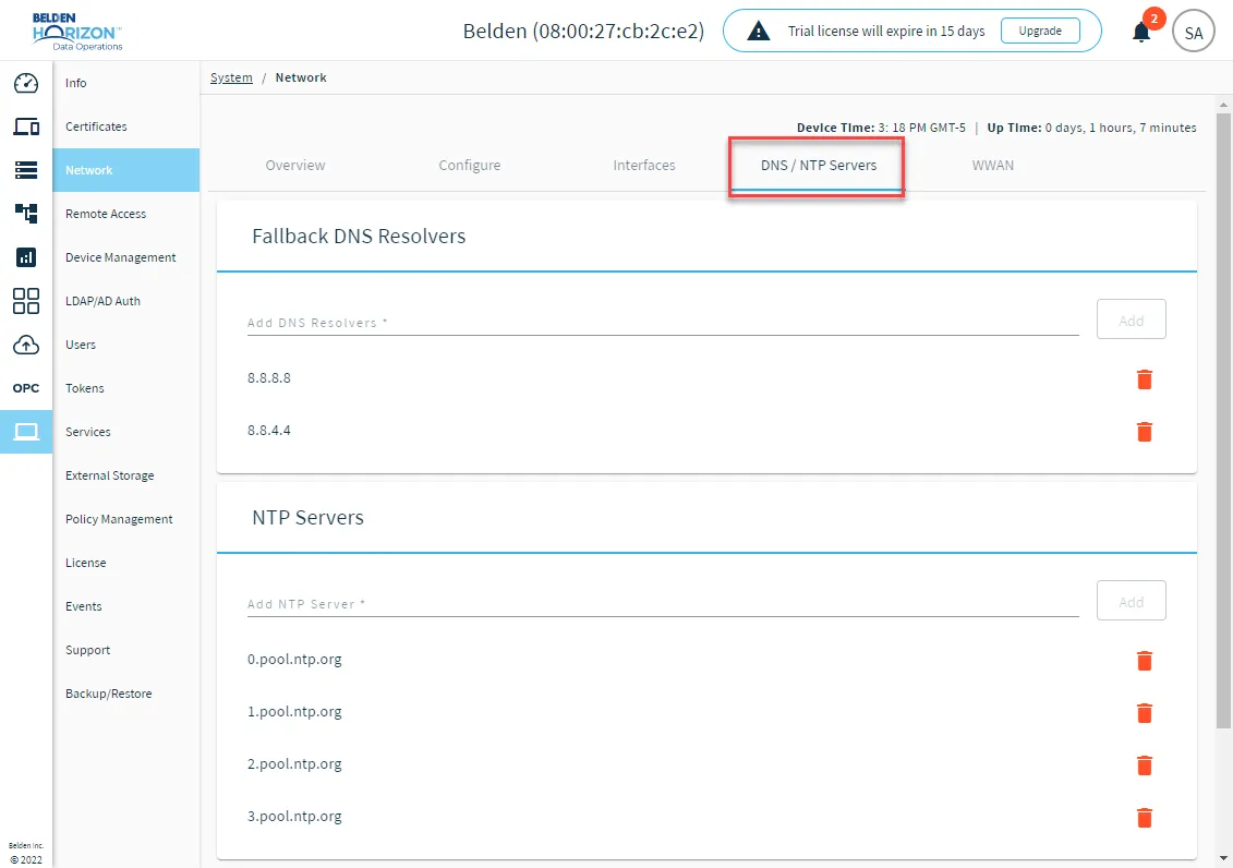 The DNS / NTP Servers tab The DNS / NTP Servers tab