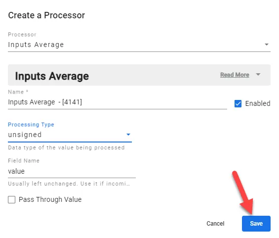 Inputs Average dialog box