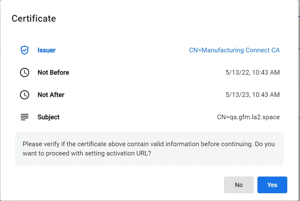 Certificate dialog box