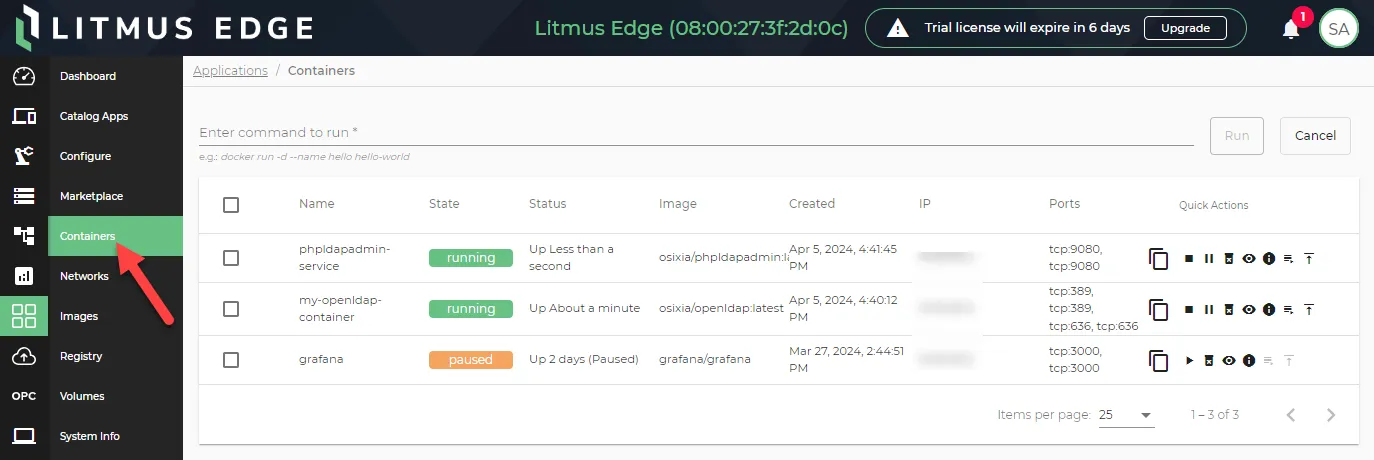 Applications > Containers page Applications > Containers page