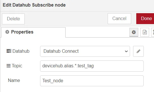 Edit Datahub Subscribe node dialog box