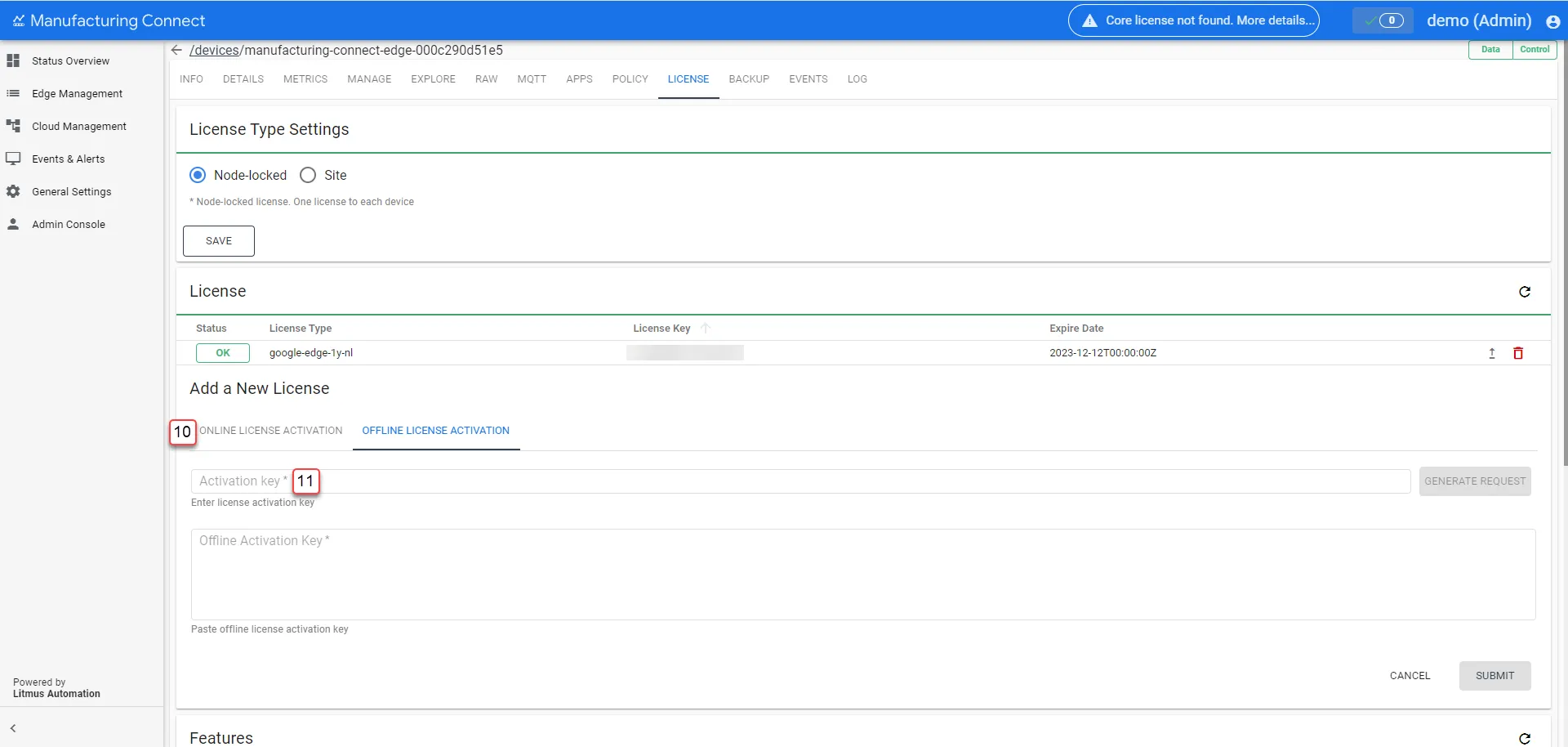 Manufacturing Connect User UI : Edge Device Details : Licenses tab : Node-locked features 2/3 : Offline License Activation