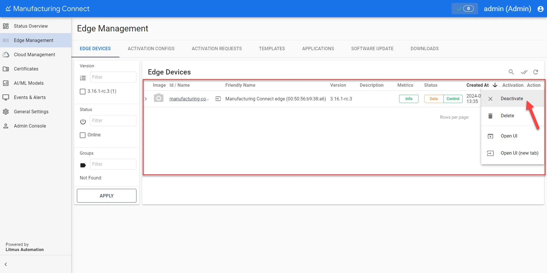 Edge Management page Edge Management page