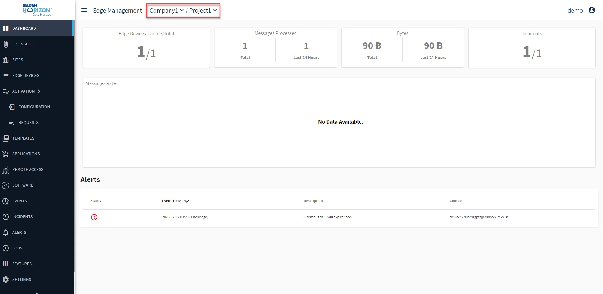 Belden Horizon Data Manager User UI: Project List: Changed Drop-down list