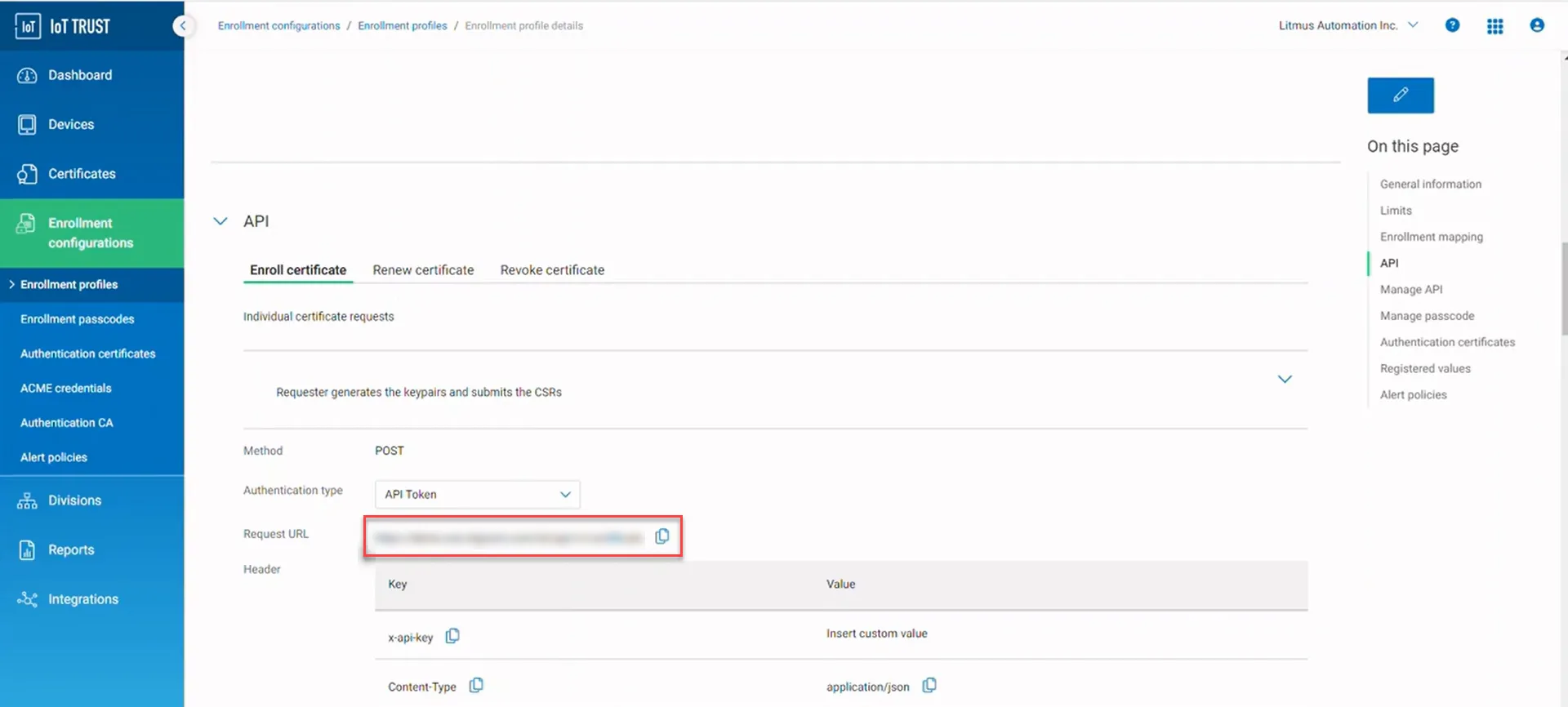 Enrollment profile details page - API section