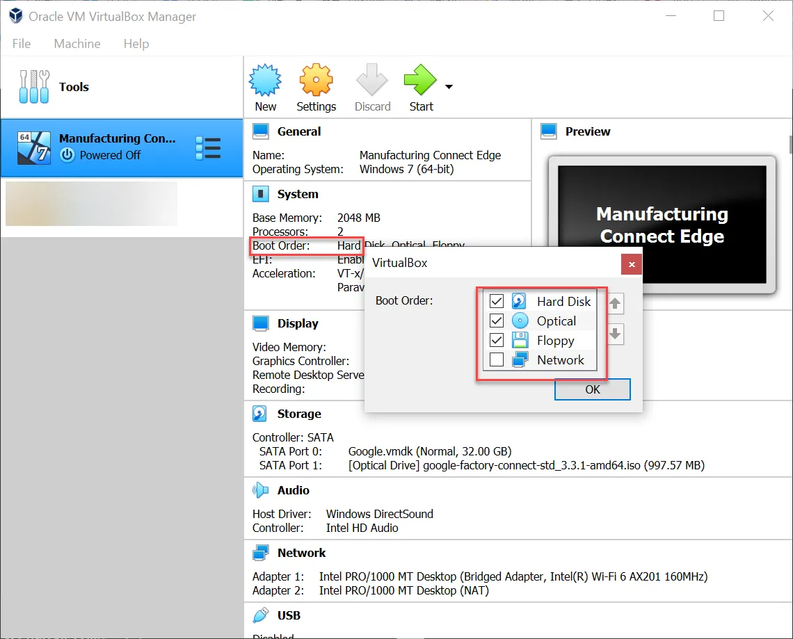 Boot Order settings Boot Order settings