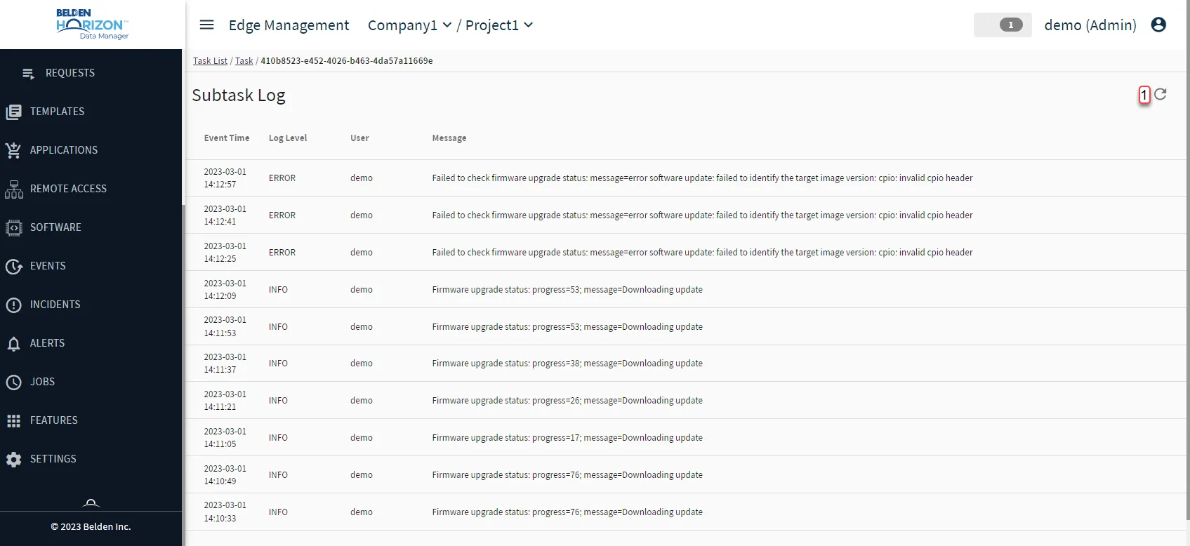 Belden Horizon Data Manager Subtask Log