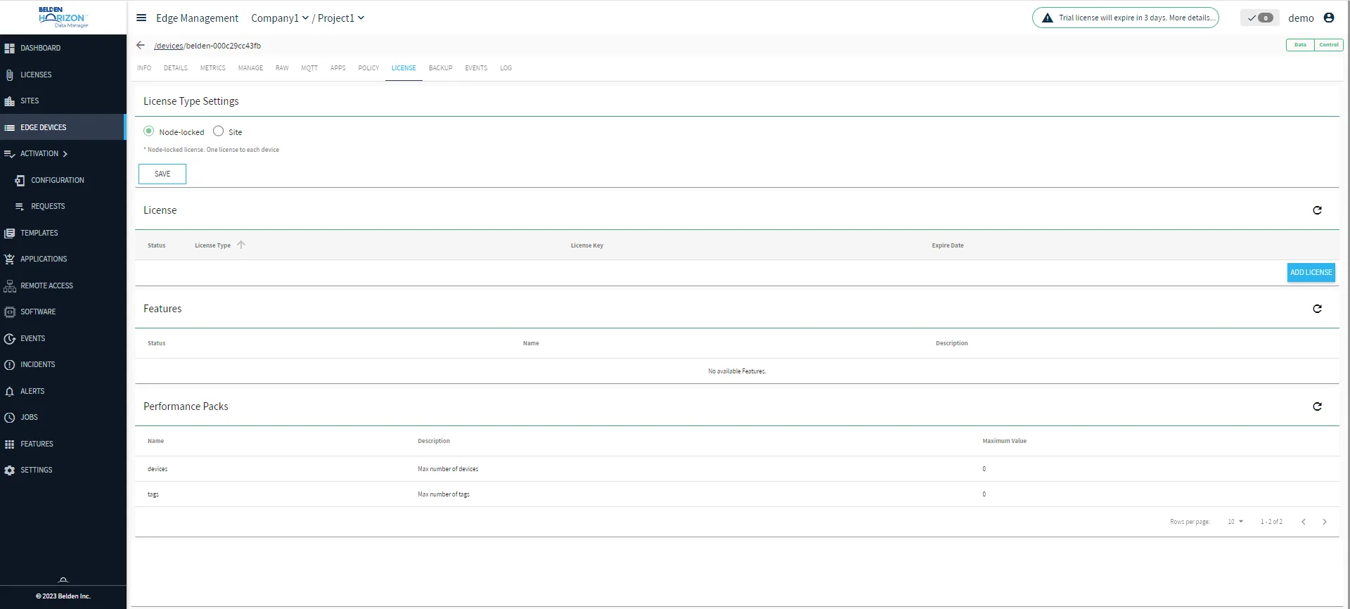 Belden Horizon Data Manager User UI : Edge Device Details : License tab