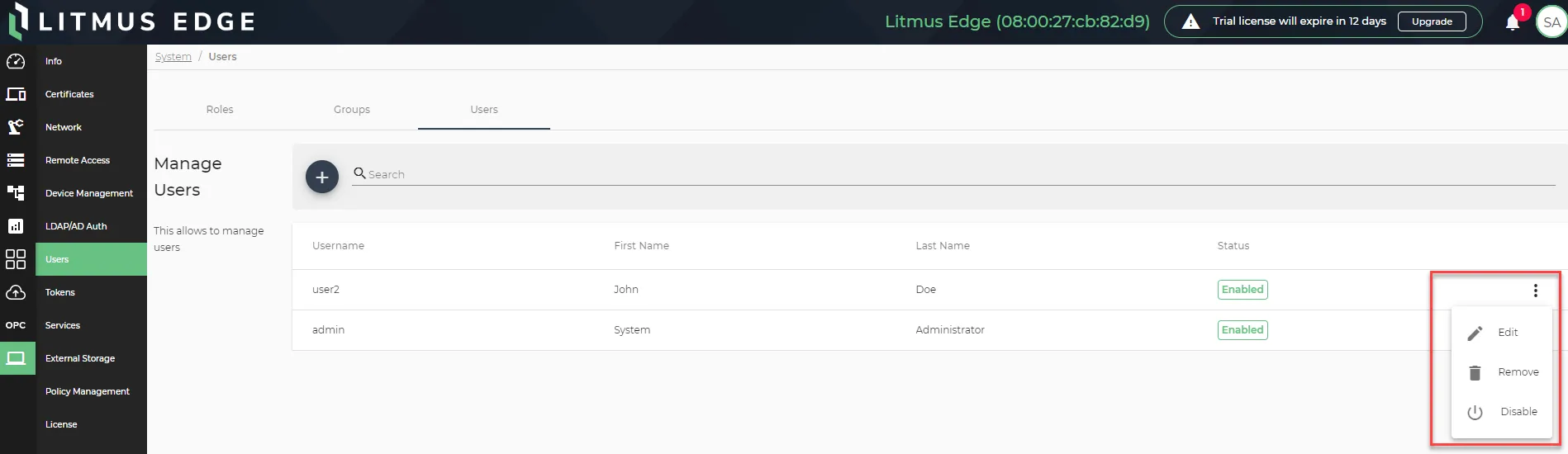 The action menu for a user The action menu for a user