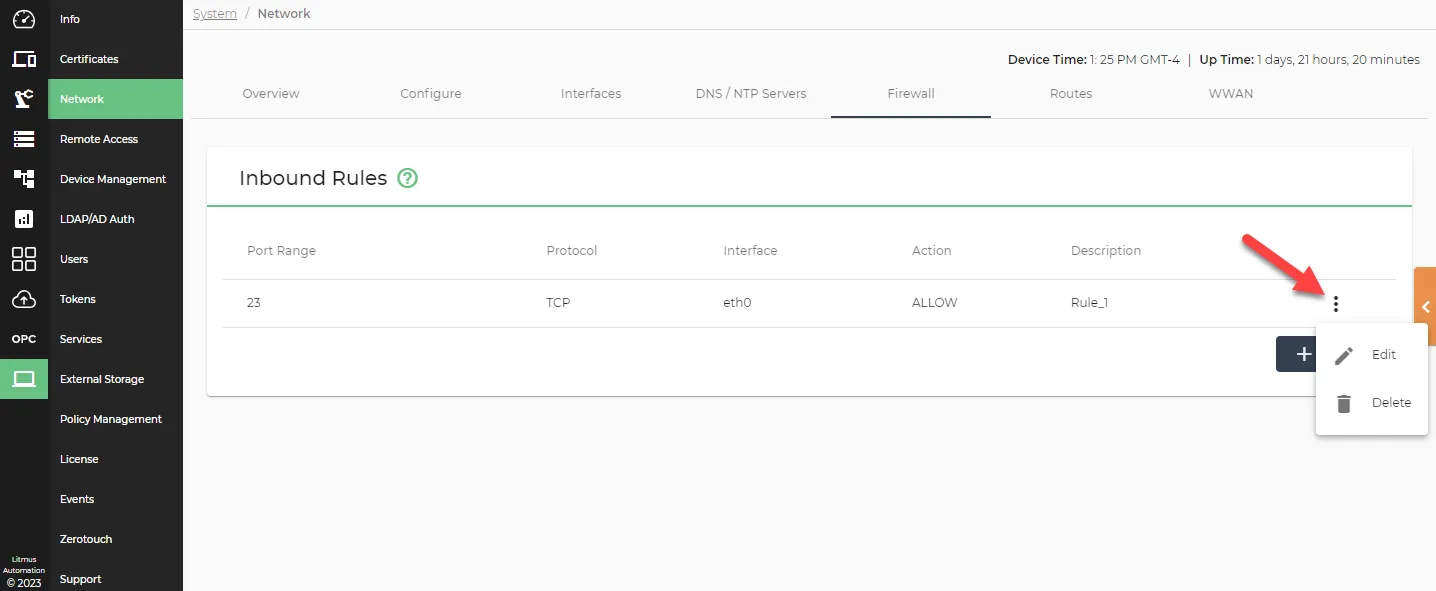 Firewall rule action menu
