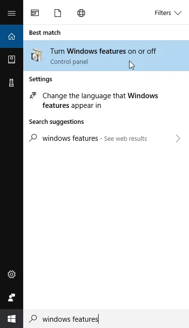 Turn Windows features on or off option