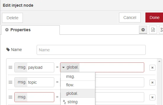 Editing Inject node's msg.payload into global. 