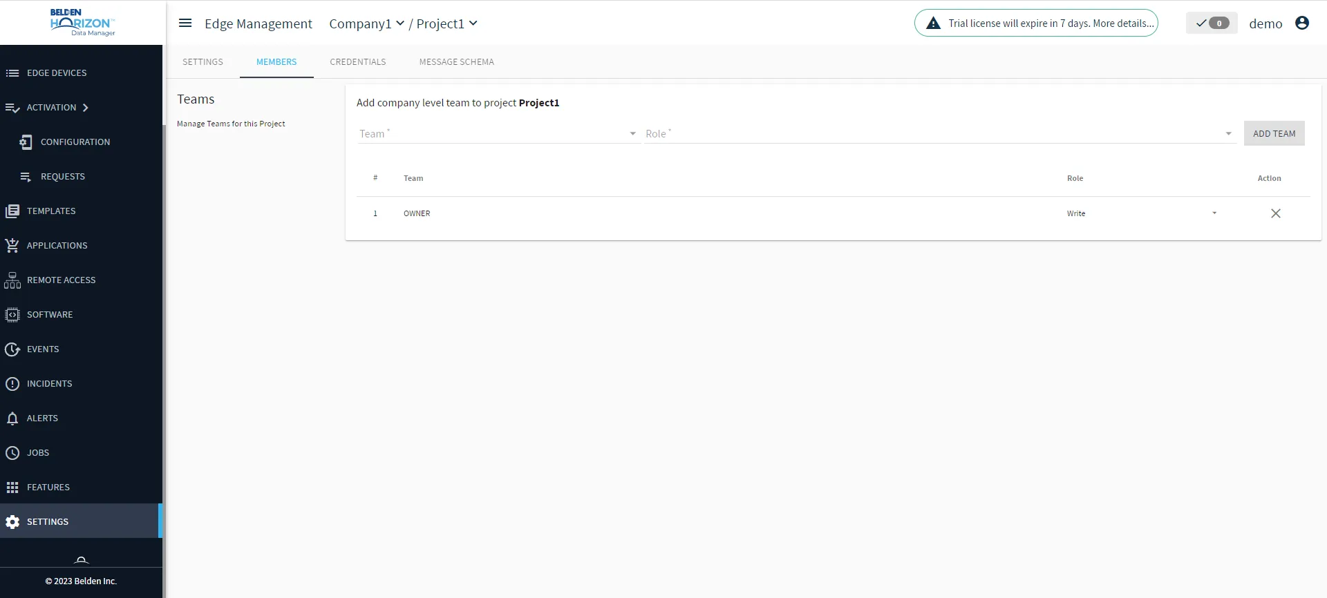 Belden Horizon Data Manager User UI : Settings : Members tab Belden Horizon Data Manager User UI : Settings : Members tab