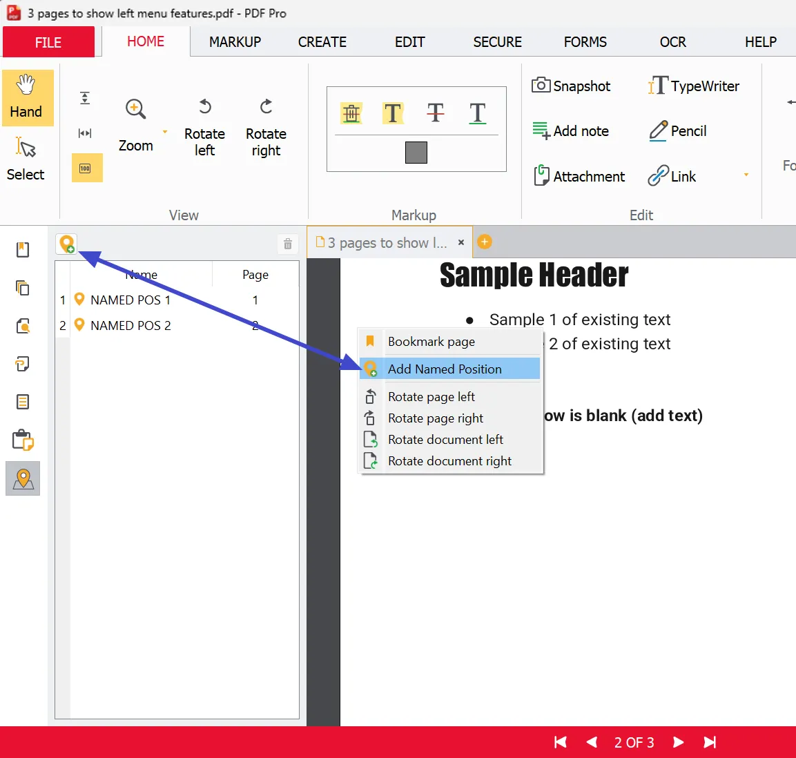 Menu choice to add a named position Menu choice to add a named position