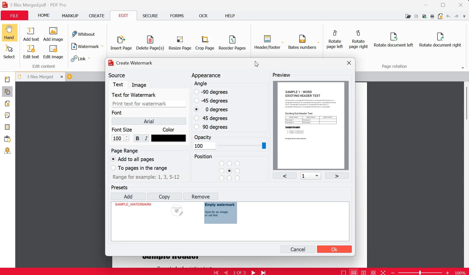 Create Watermark dialog box