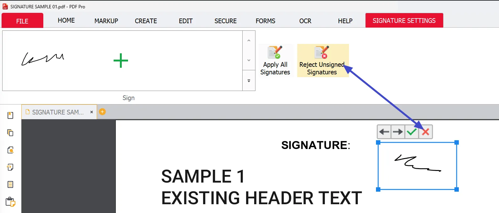Delete selected signature Delete selected signature