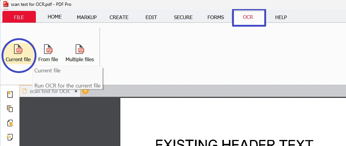 OCR Current file menu selection OCR Current file menu selection