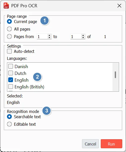 OCR options menu OCR options menu