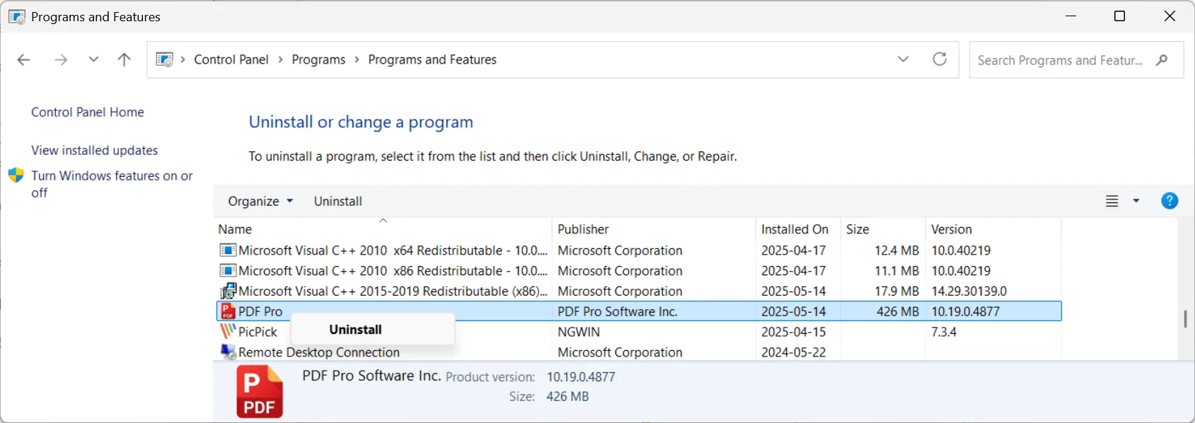 Select and uninstall