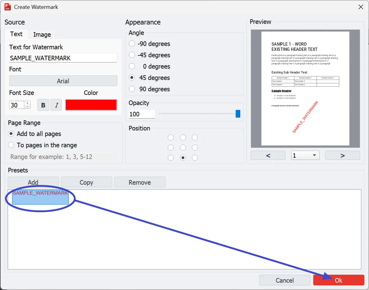 Preset text selected