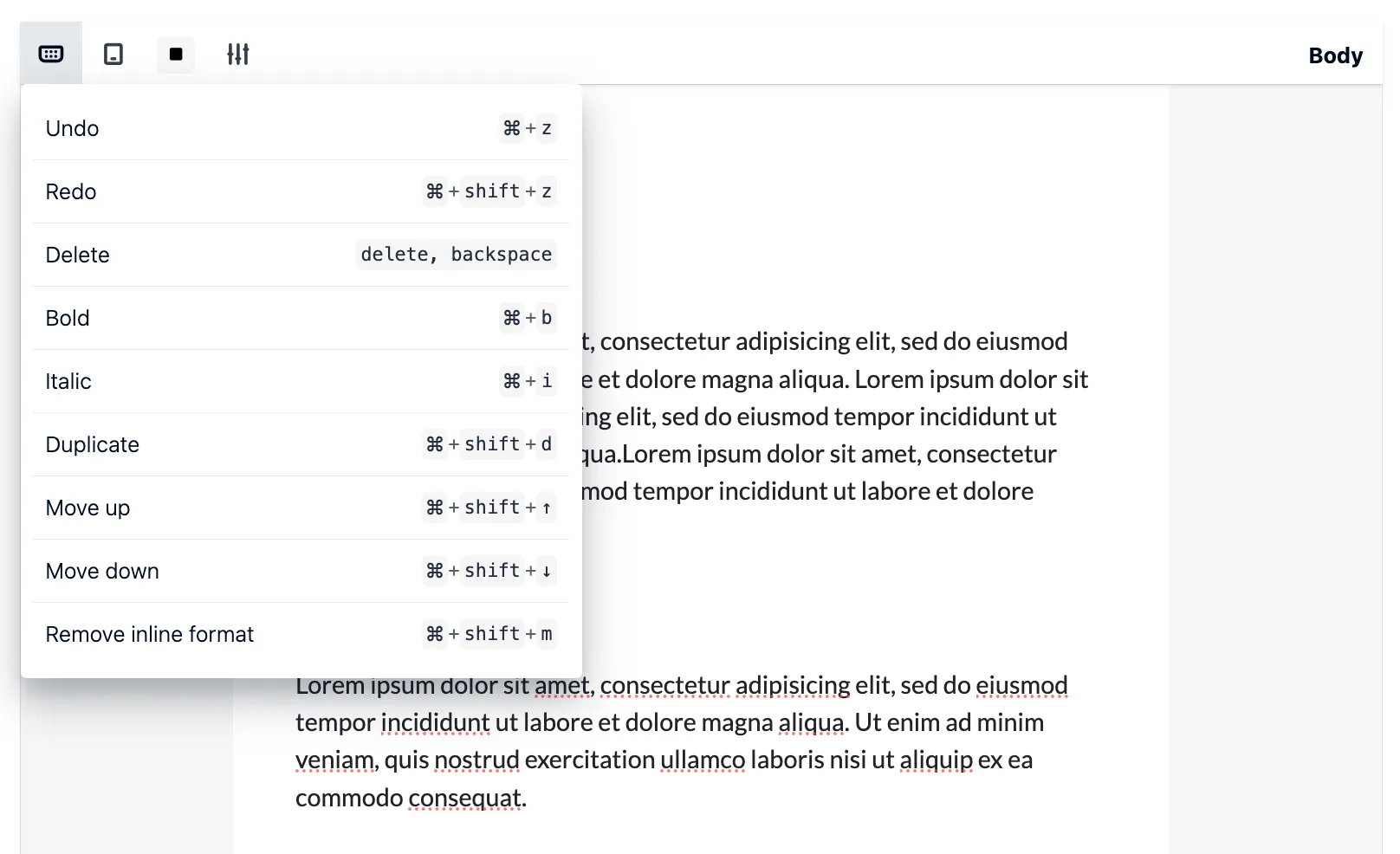 Keyboard Shortcuts Dropdown