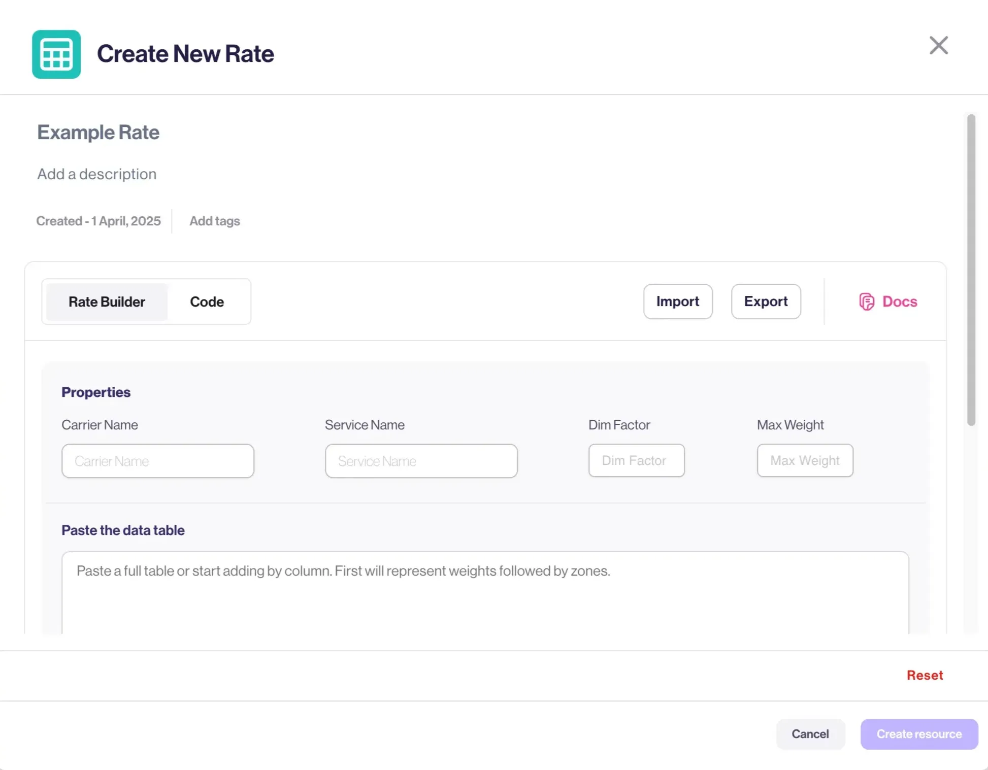 Create rate modal