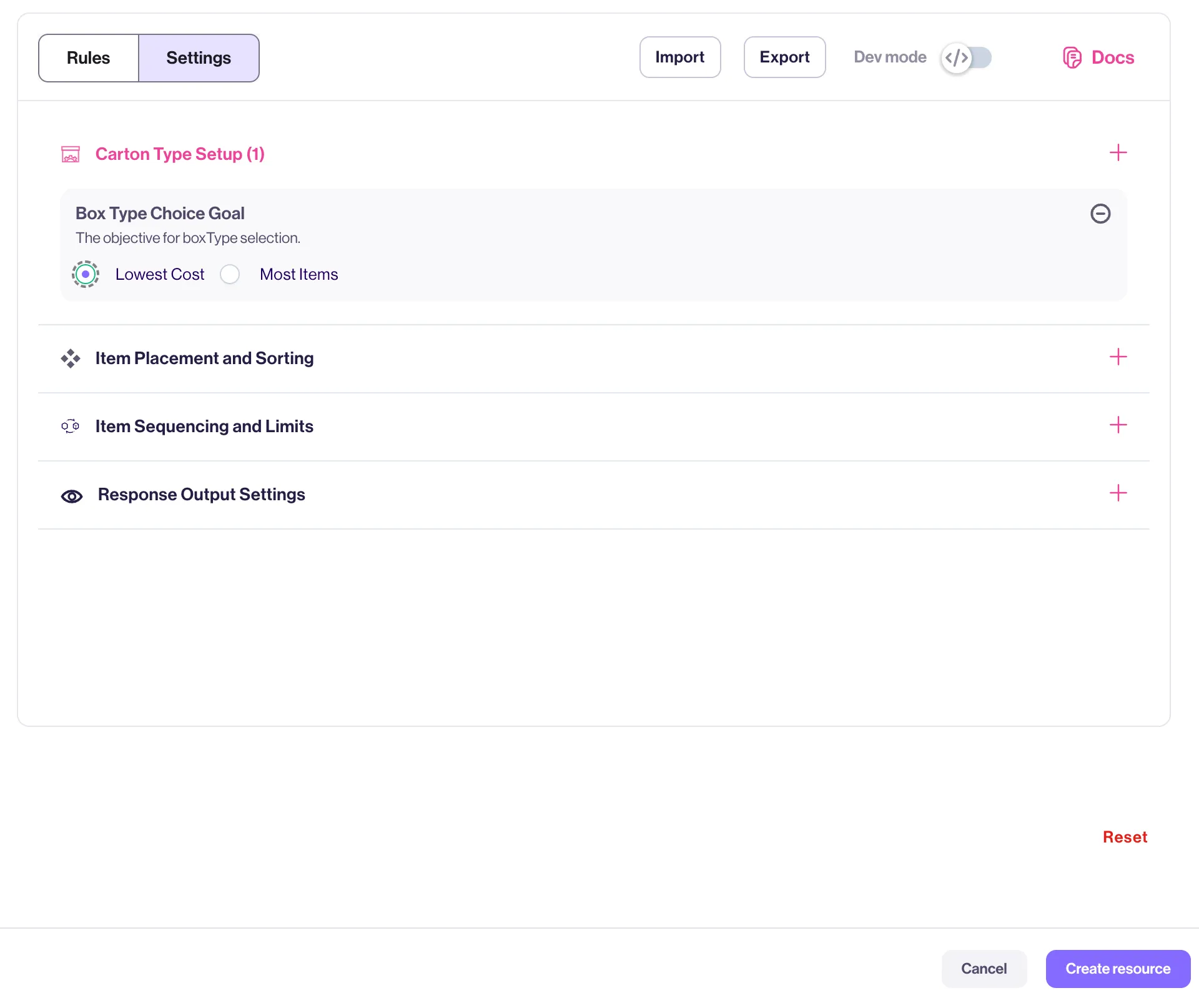 Box Type Choice Goal setting with “Lowest Cost” selected