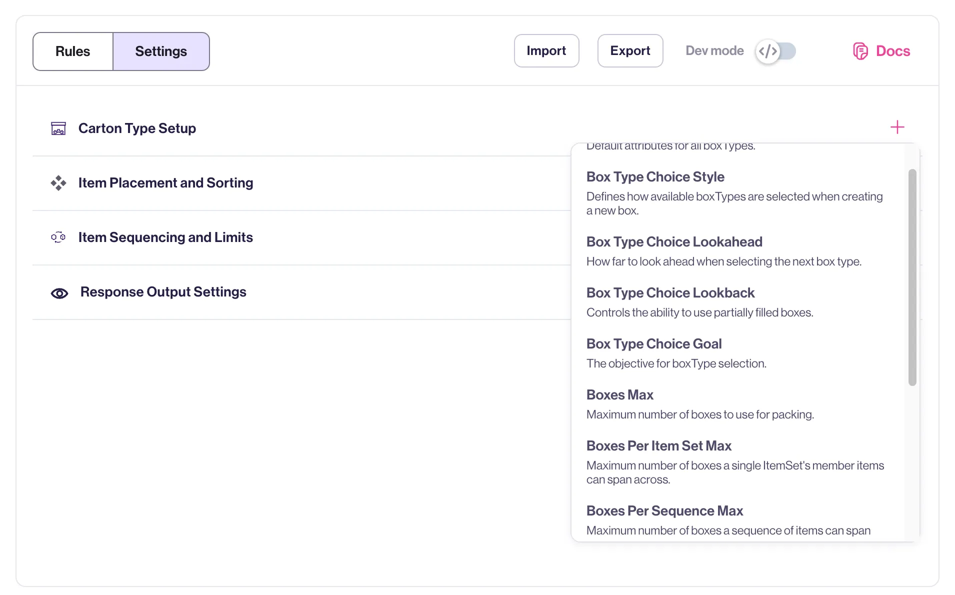 Settings screen with “Carton Type Setup” submenu active