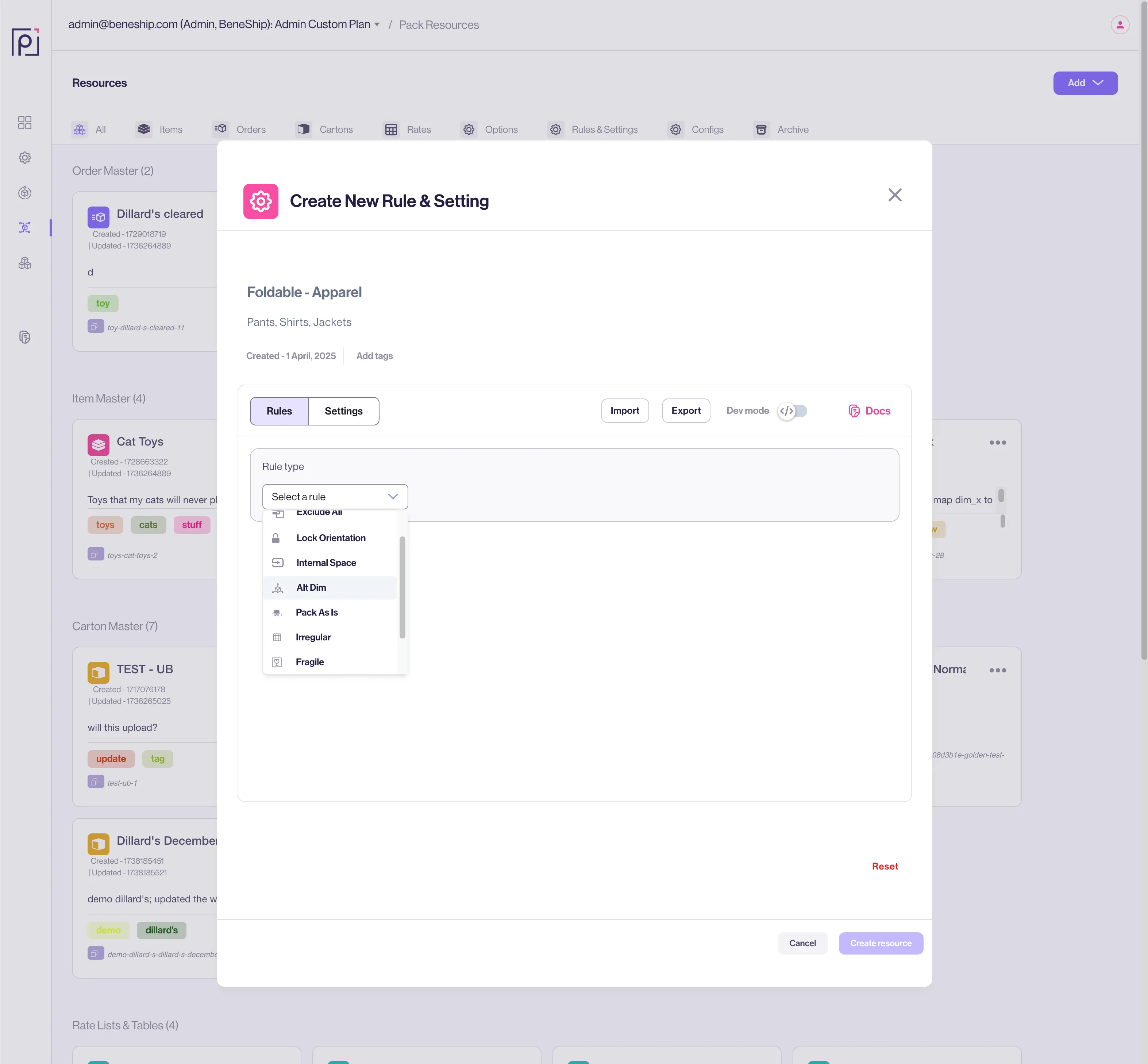 New Rules / Settings Modal