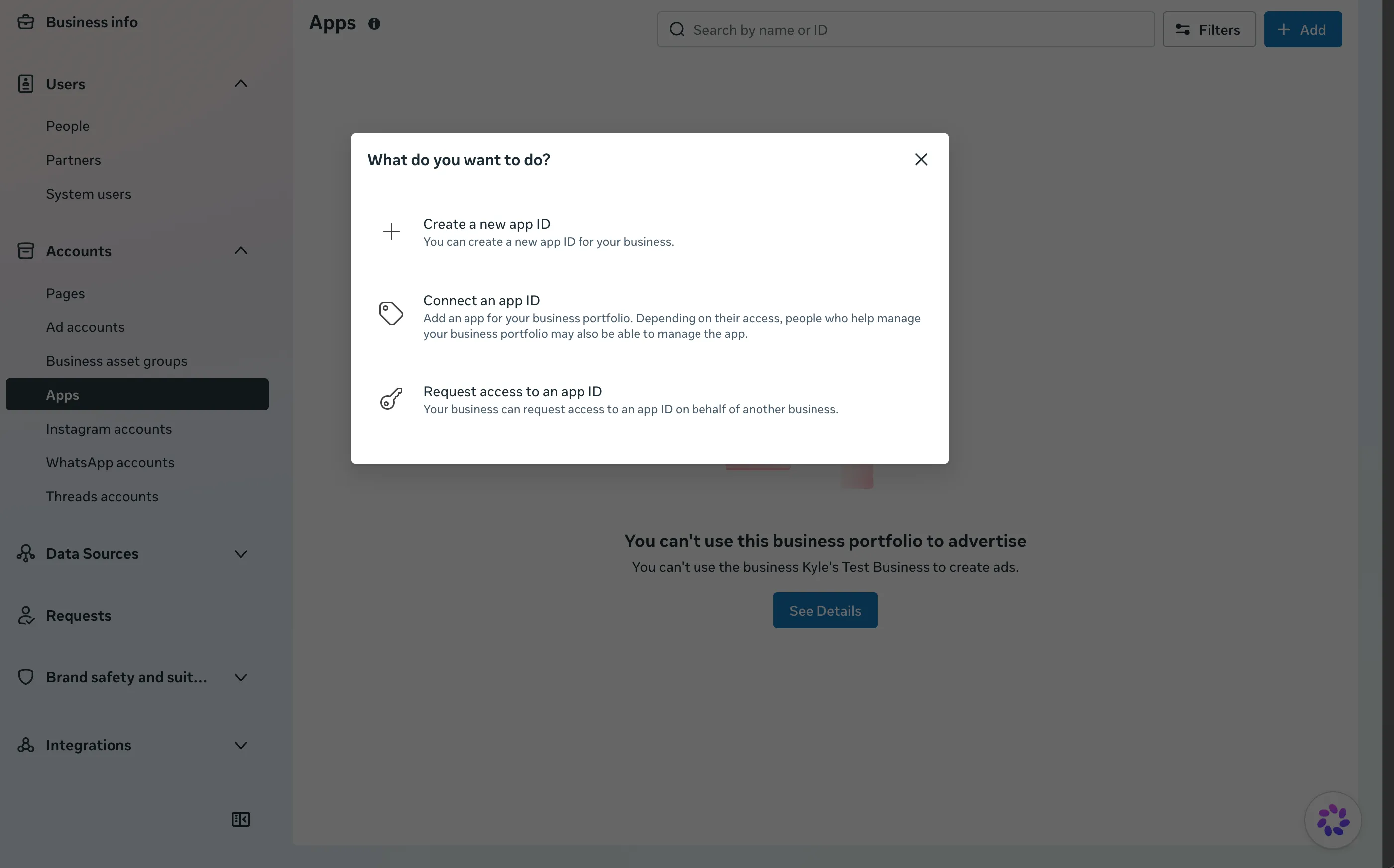 Create a new app ID or connect an existing app