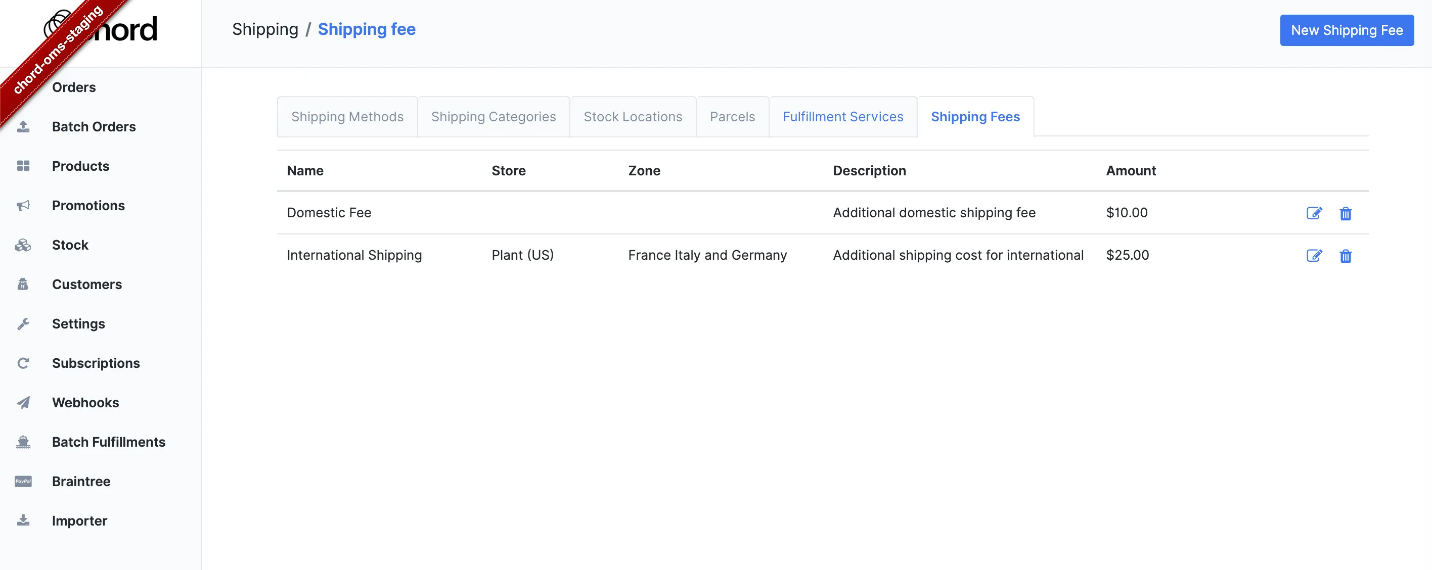 List of shipping fees.