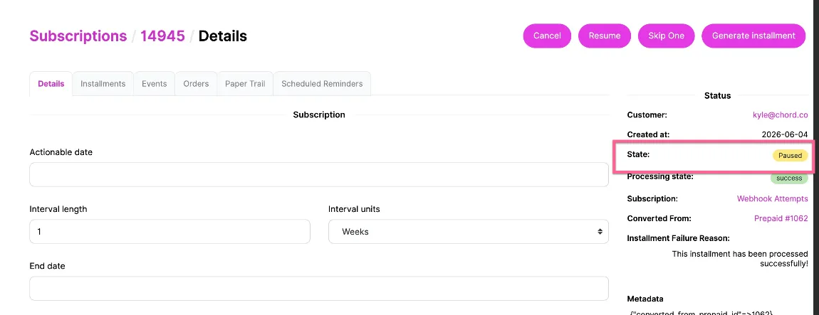 State: Paused — the same subscription with orders on hold.