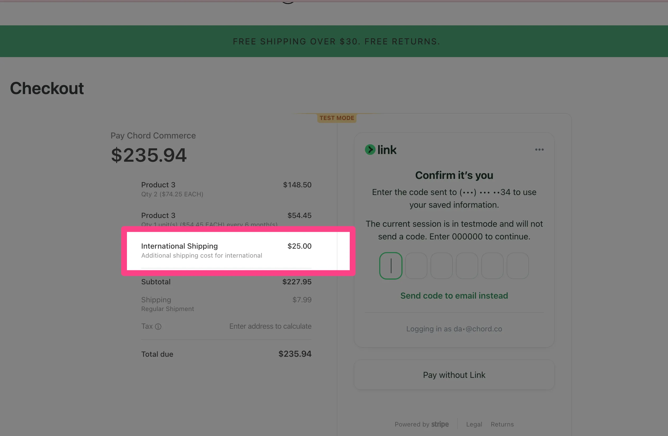 Shipping fee displayed on the checkout page.