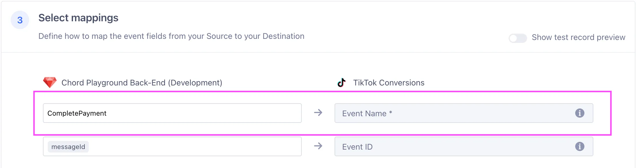Enter "CompletePayment" as the value to map to TikTok's "Event Name."