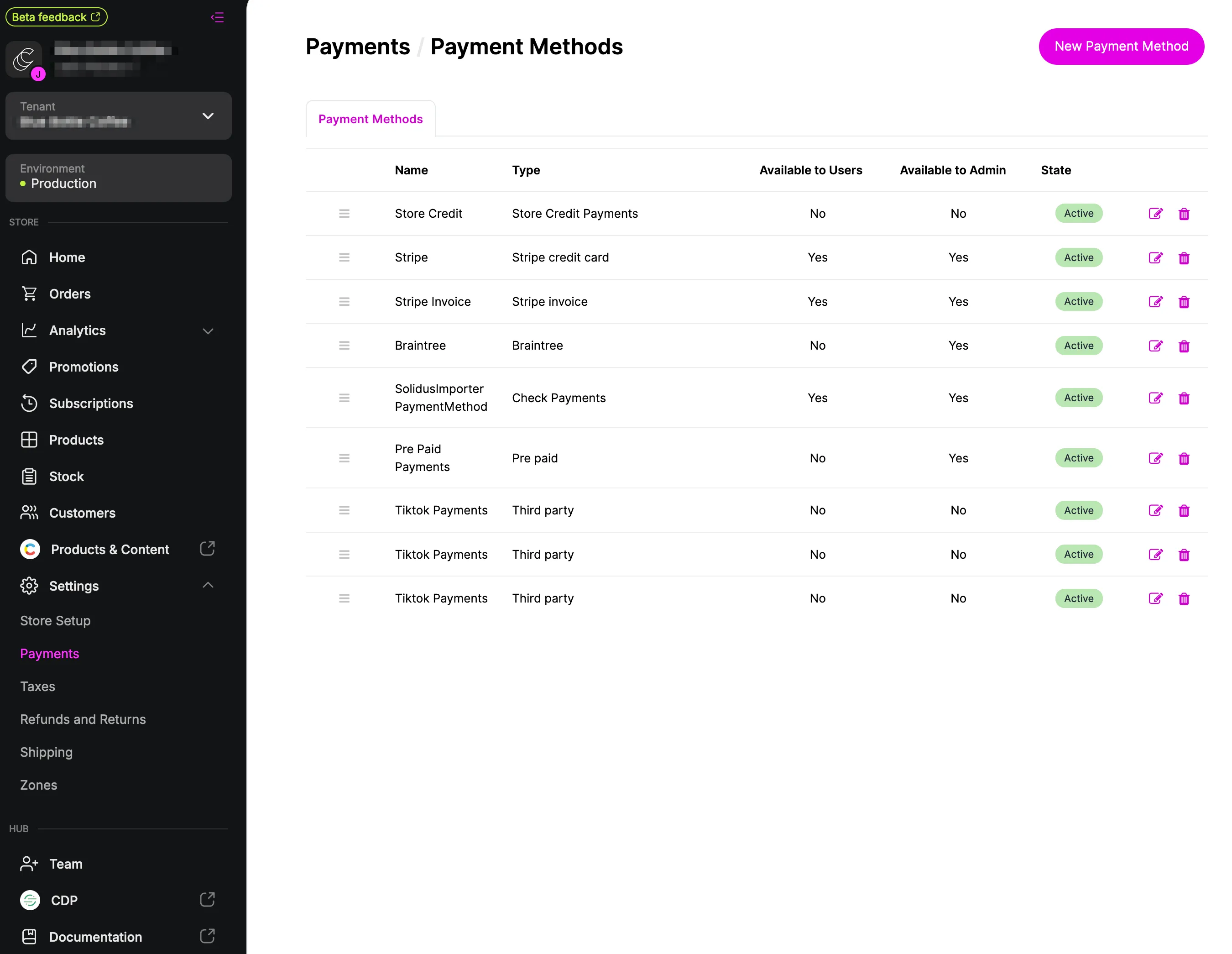 Payment methods available in Chord OMS.