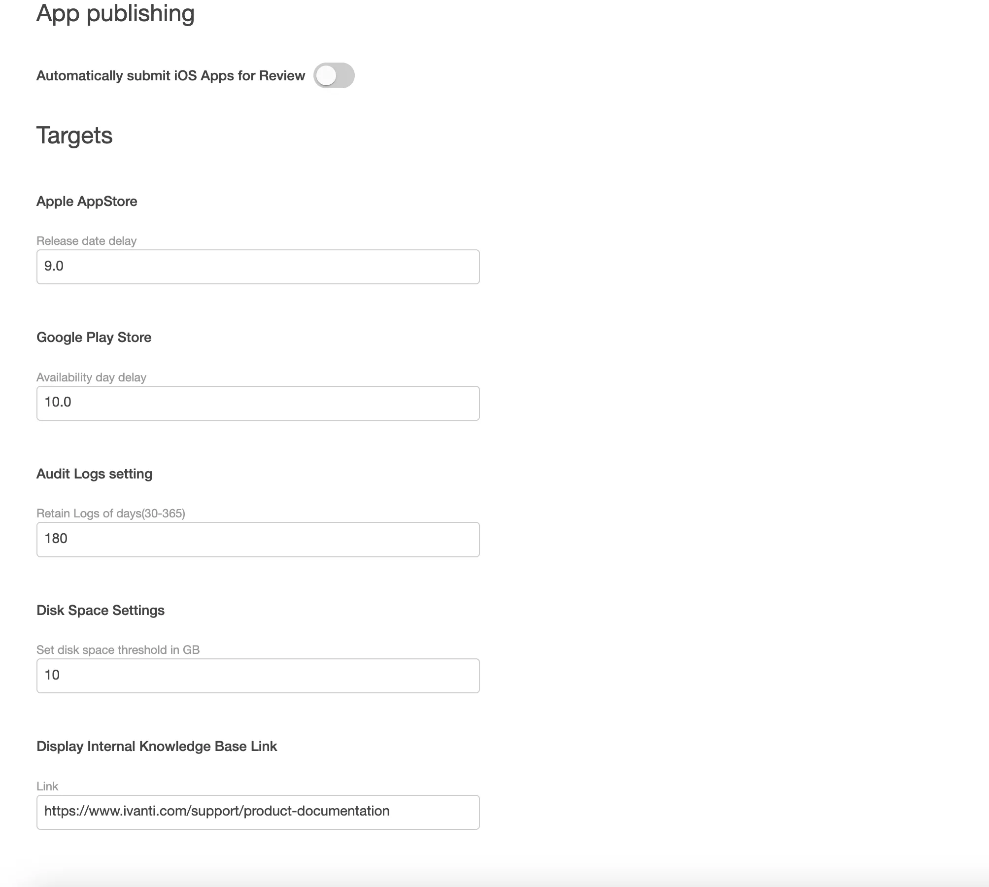 Administration App settings for iOS devices Administration App settings for iOS devices