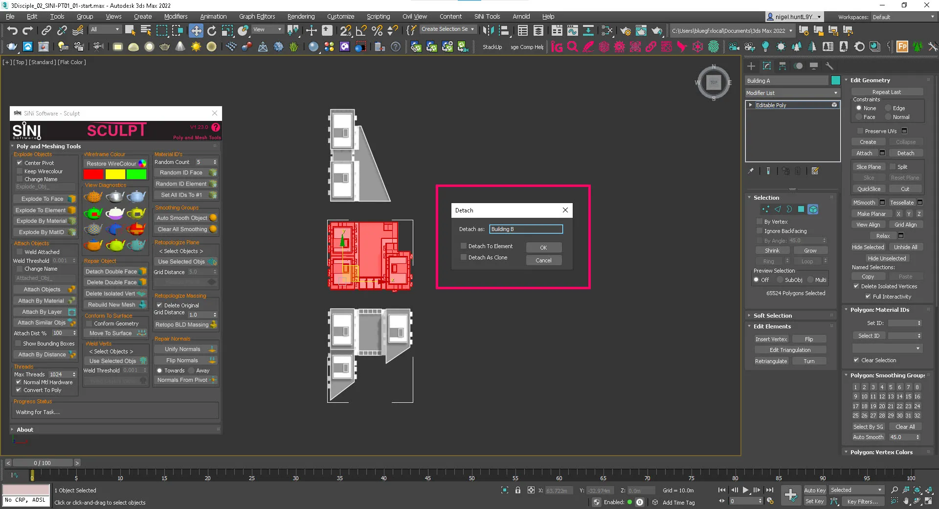 Screenshot showing splitting the 3D model into seperate buildings. Screenshot showing splitting the 3D model into seperate buildings.