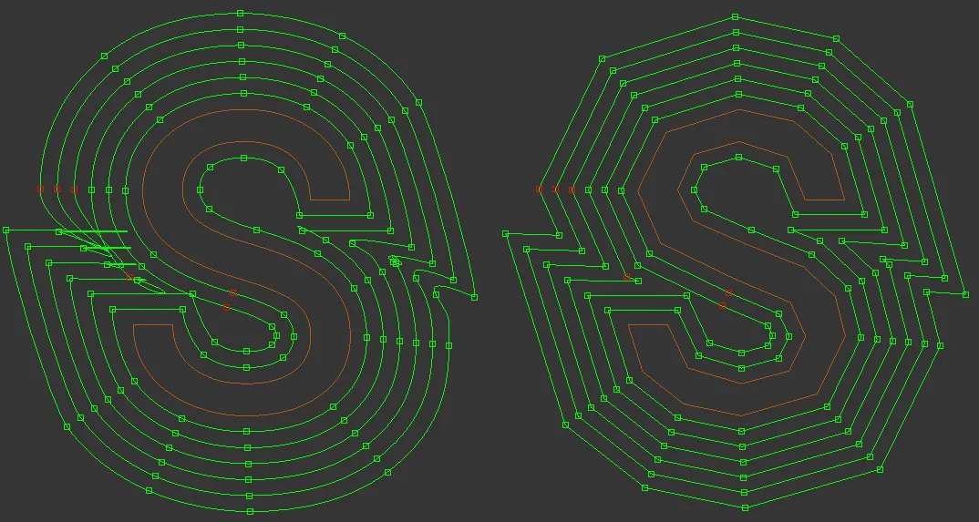 Left - bezier knots. Right - corner knots