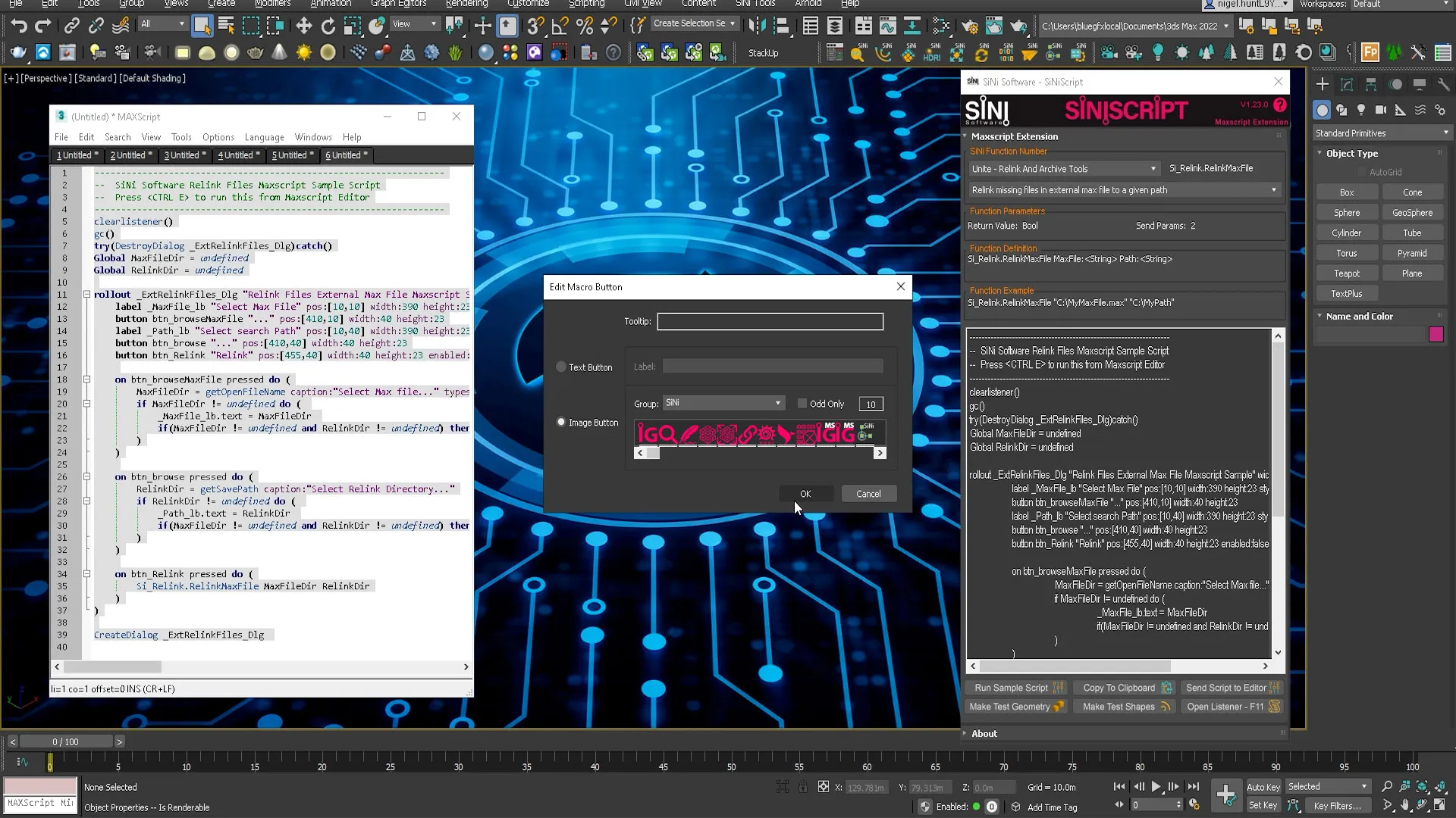 Screenshot of the SiNiScript UI and 3ds Max MAXScript editor