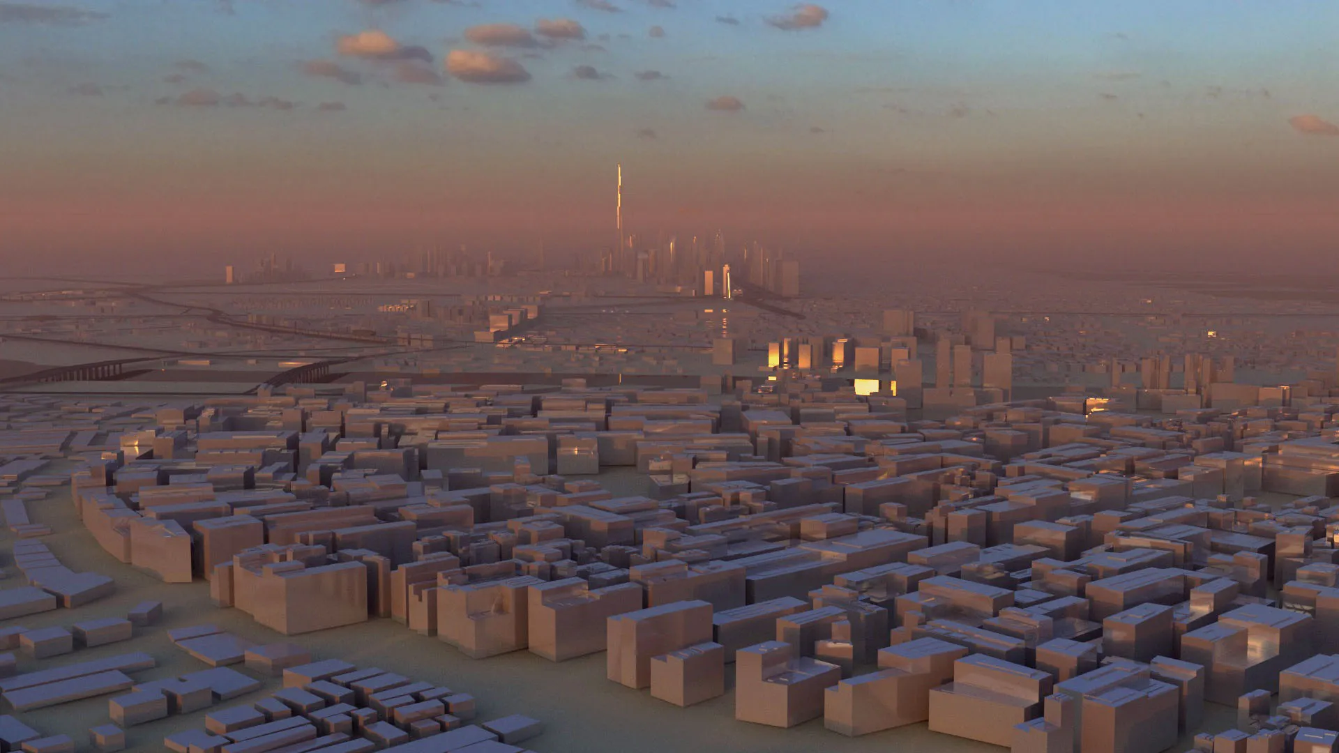 View of Dubai city with Burj Khalifa in the distance.