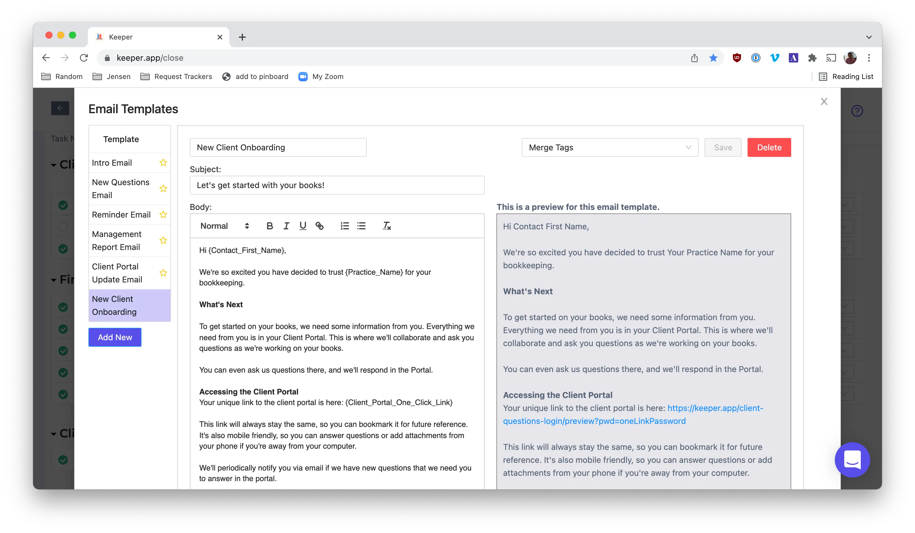 Creating a New Client Onboarding email template.