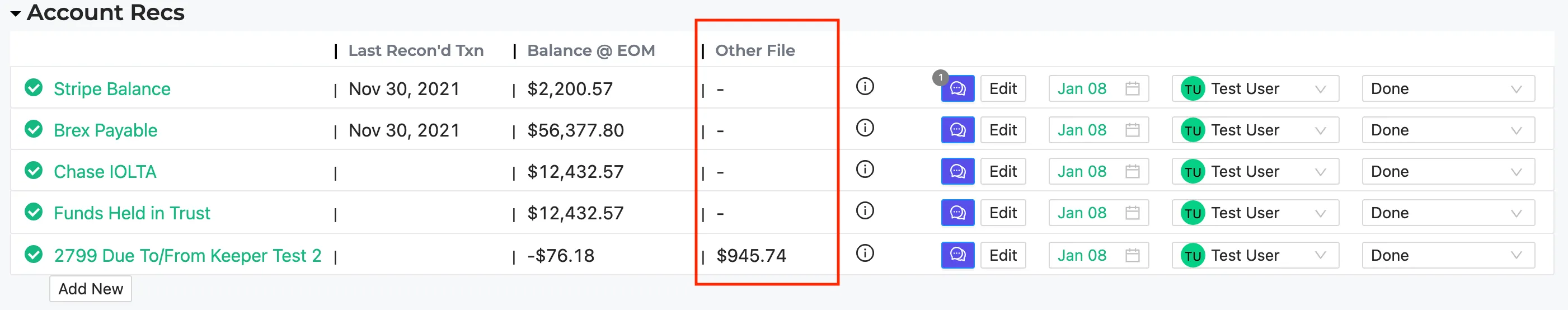 The Other File column pulls the month-end balance of the offsetting account in the related company file.
