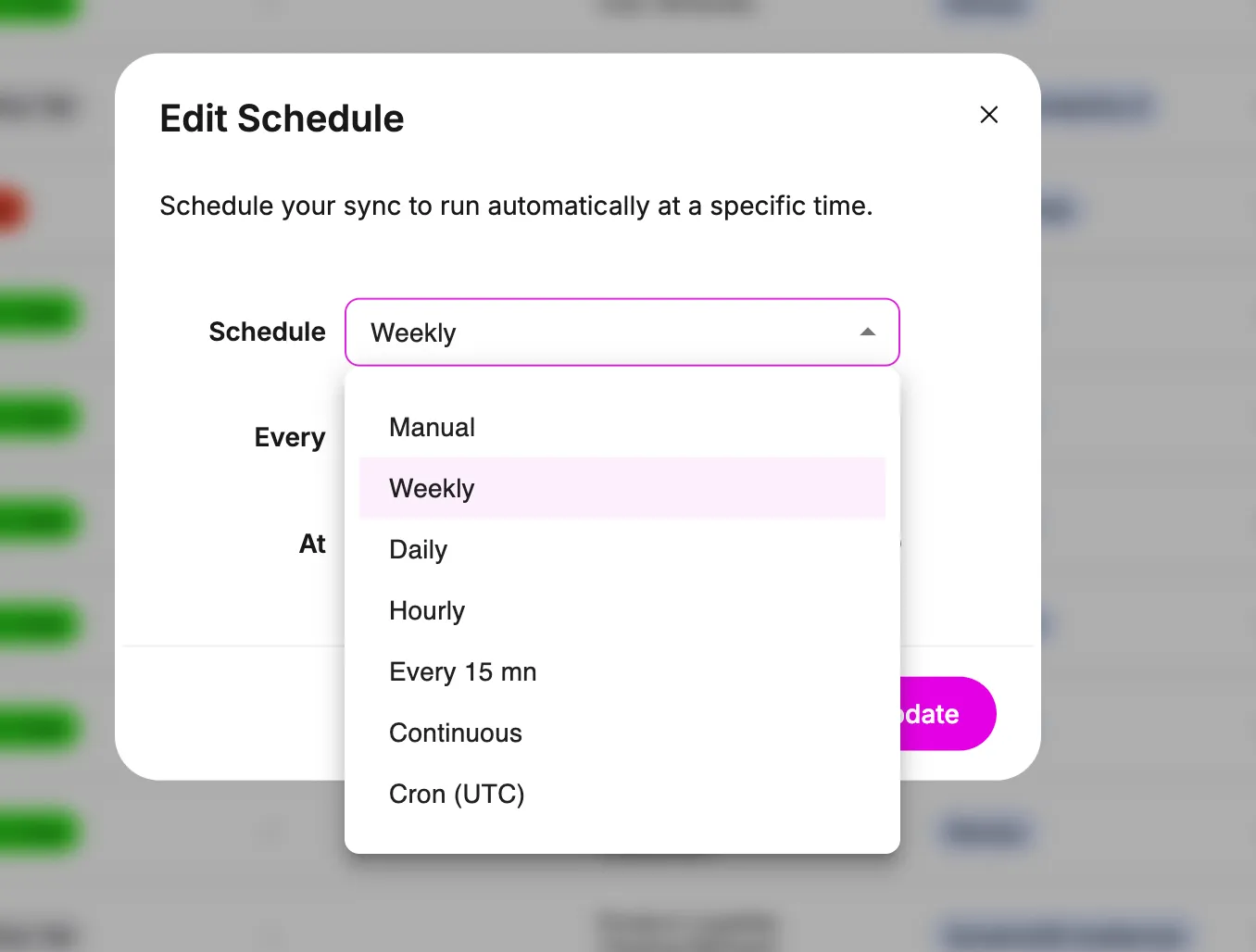 Sync Schedule Dropdown