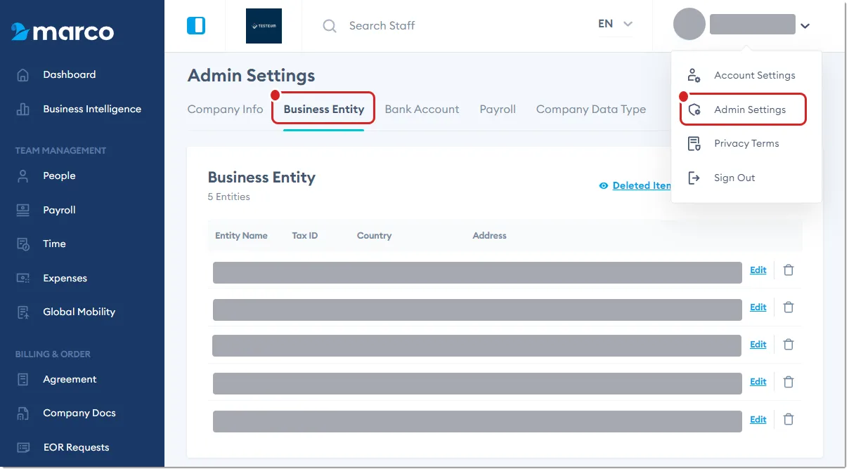 Marco Platform's Admin Settings page Business Entity tab. Marco Platform's Admin Settings page Business Entity tab.