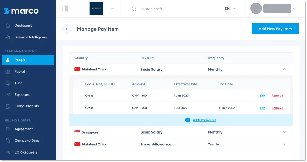 Marco Platform's Manage Pay Item screen, showing a list of the staff's pay items with all the entries under each pay item. 